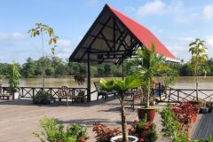 river jetty surrounded by palm trees with a wooden welcome building with a red roof -Abai Jungle Lodge -Borneo