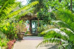 Koh Jum Beach Villas in thailand a path leads down to a wooden pavilion in the distance and the path is lined with lots of green plants