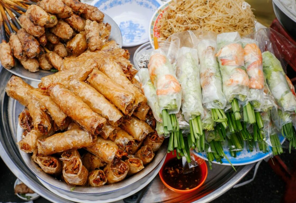 selection of spring rolls in vietnam with different ingredients