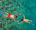 aerial view of a man wearing red trunks and girl snorkelling in cyrstal clear waters in thailand wearing blue flippers and their heads are submerged in the water and their arms are out above their heads