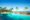 flat blue pool with palm trees along one side and at one edge a hut provides shelter and it all overlooks a river