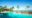 flat blue pool with palm trees along one side and at one edge a hut provides shelter and it all overlooks a river