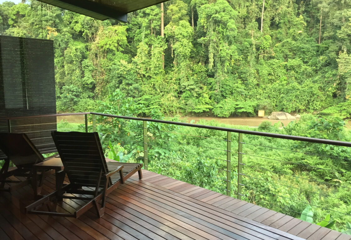 two wooden sunloungers are on a wooden balcony that has a glass wall overlooking a thin rainforest and a river runs through