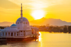 sunset over a mosque in Kuching city, Borneo