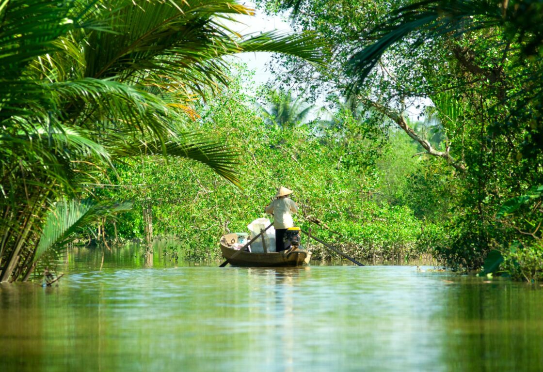 people in a boat on a river surrounded by trees in vietnam as they travel along the river they use oars deep in the water to steer