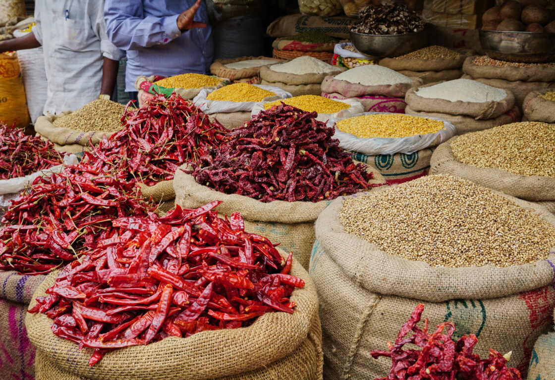 loads of hessian sacks filled with different seeds, grains and dried chillies