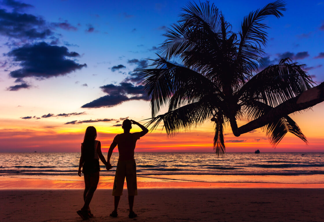 a man and a woman hold hands on the beach with a palm tree next to them looking out to sea with the sky turning shades of blue and pinks to watch the sunset