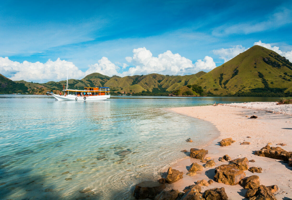 a pale pink beach with clear sea and a tourist boat in the distance sits underneath a line of green hills