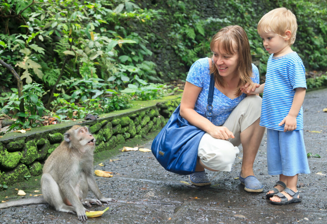 a mother crouches and holds the hand of her young son as they look at a monkey with a banana
