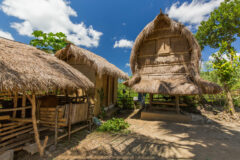 a thatched hut sits on poles so it is off the ground and on the right are two other huts with thatched roofs and wooden walls in indonesia