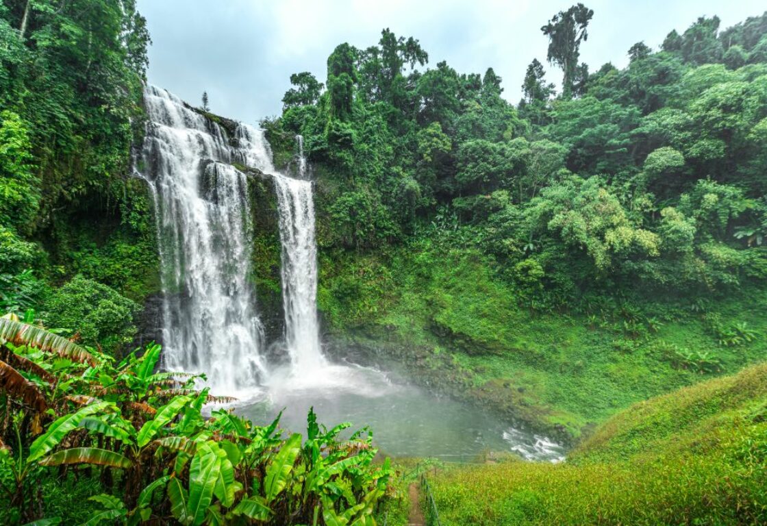 large waterfall in Laos Bolaven Plateau coming down the side of a hill surrounded by greenery into a pond at the bottom