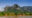 the jagged mountain tops against a blue sky with clouds and mist and at the bottom some fiends and trees next to a river and on the banks of the rive little wooden huts on stilts