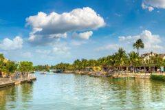 landscape of the river in hoi an with palm tree and buildings either side