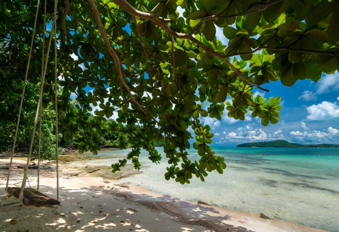 wooden swing hanging from a tree over white sand and looking out to clear sea in koh ta kiev in cambodia