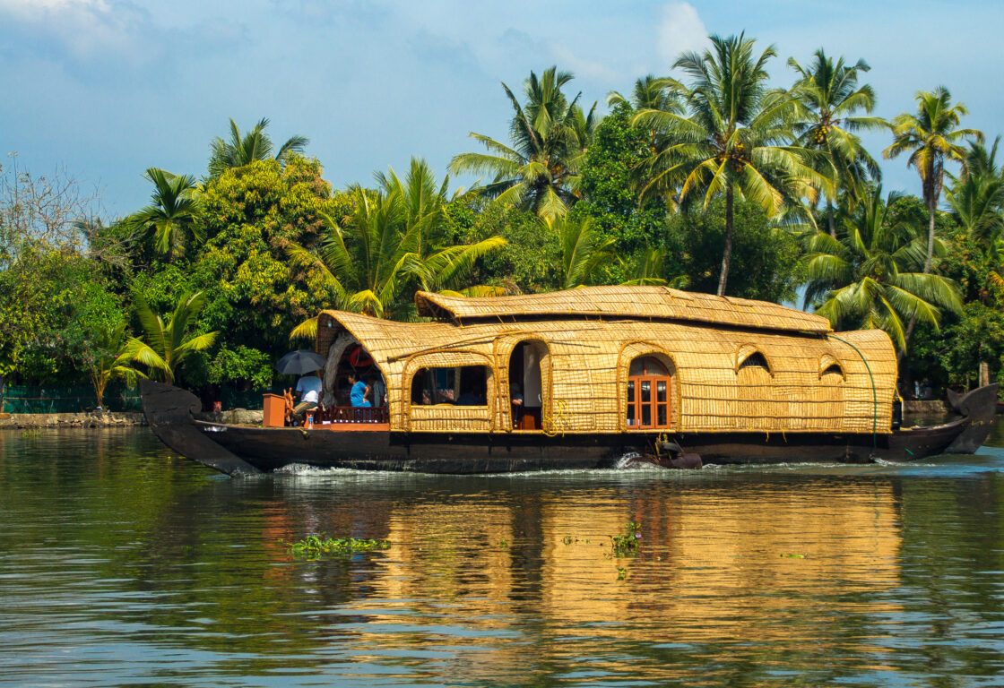 an indian houseboat with a bamboo shell along a river with palm trees in the background
