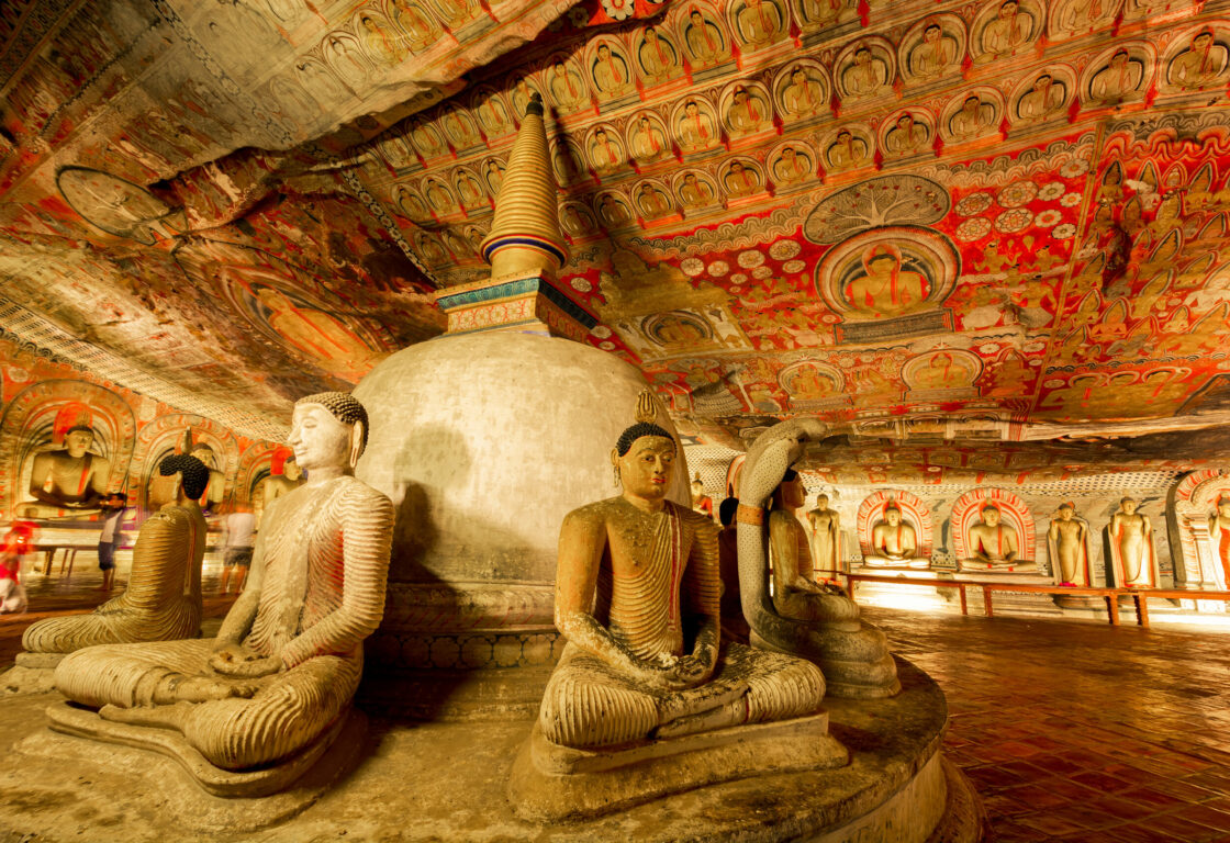 statues of budha on the display at Dambulla Caves in Sri Lanka
