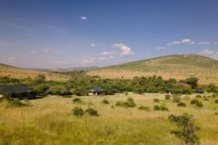 Kenya green countryside with three tents spaced out amongst small bushes