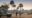 two men standing talking in the african bush with a jeep next to them and palm trees behind them