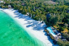 Aerial photo of deserted white sandy beach backing onto a forest