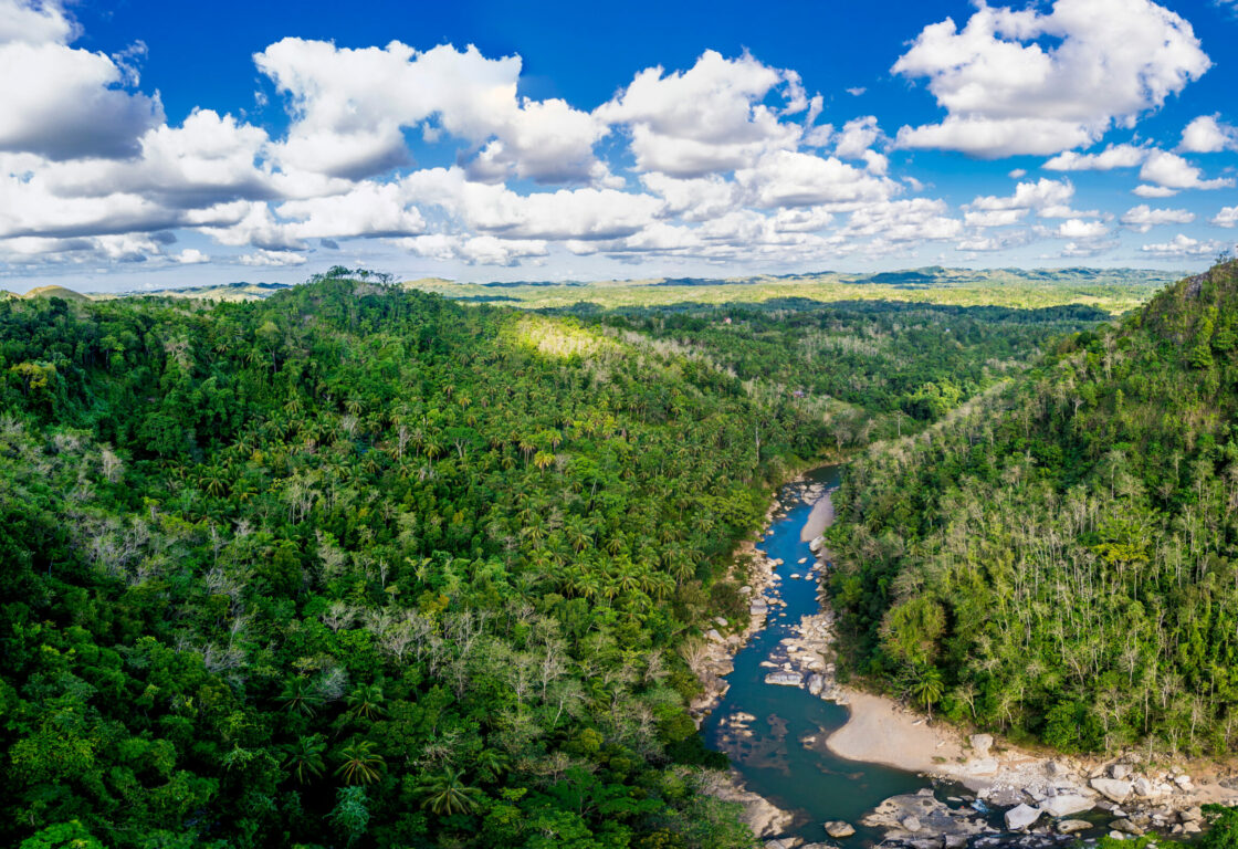 panorama of bohol showing hills covered with lush forests and the chocolate hills in the background and a river runs through the valley