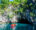 a small boat in the philippines takes a group of tourists in orange life jackets along water towards a large hole in the side of a cliff that has trees growing all along the top