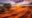 a desert road with trees randomly located in the desert with sunset sky