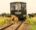 Two lions stand confidently on railway tracks in front of a green safari tram with curious passengers. An elephant is visible in the grassy background.