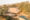 aerial view of a luxury safari lodge made out of wood and tached roof set in the middle of an african bush with a swimming pool in front of it