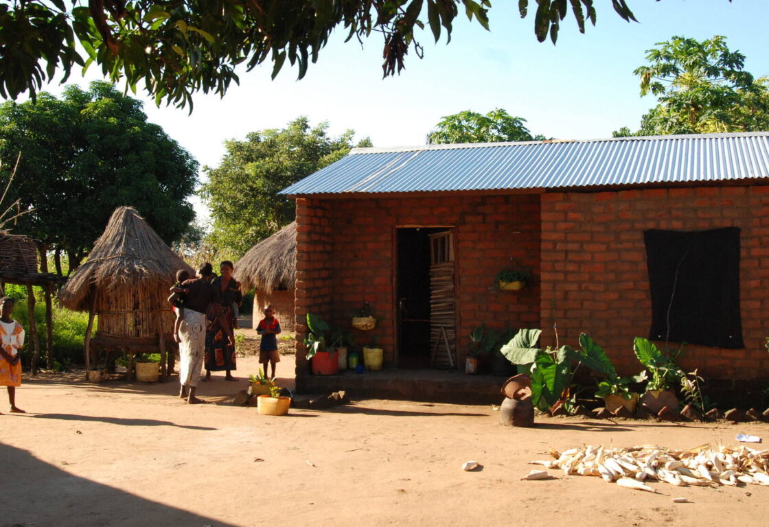 Brick house with a tin roof, surrounded by lush trees. People stand outside, including a child. Nearby, corn dries in the sun, conveying a warm, rural atmosphere.
