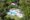 Aerial view of a serene outdoor pool area surrounded by lush green trees. Features a rectangular pool, sun loungers, pergolas, and a small building. Peaceful and inviting atmosphere.