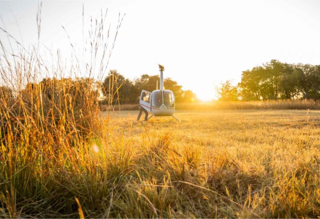 a helicopter is about to take off in the dry bush of savannah in Botswana with a golden rays of sunshine coming from behind.