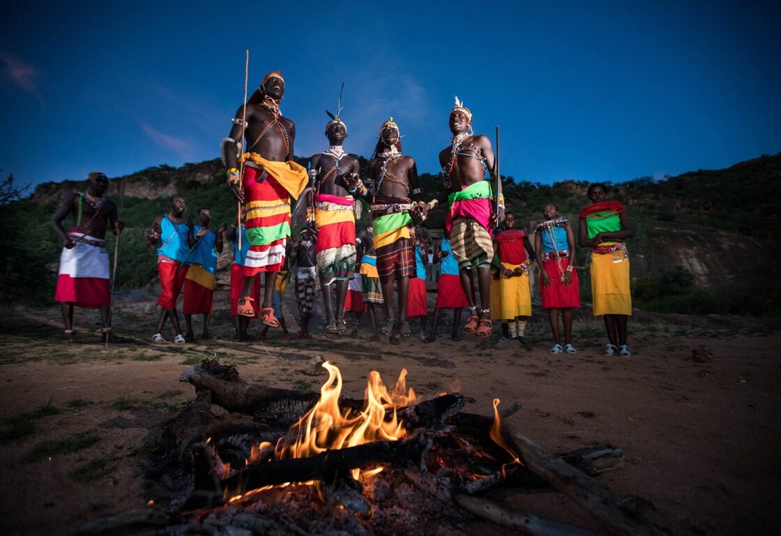 Samburu-men-jumping around a fire