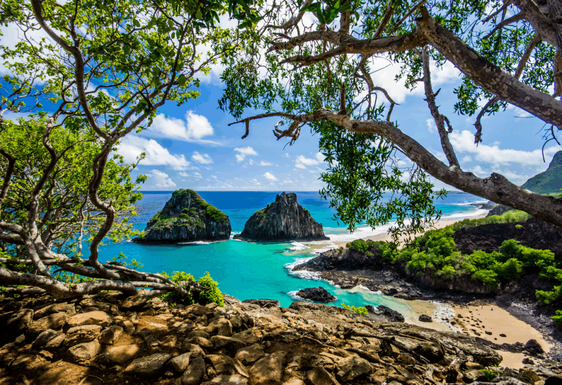 Overlook of Baia dos Porcos with deserted beach and turquoise water, Fernando de Noronha - Brazil