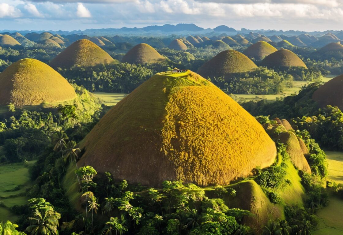 symmetrical, grass-covered mounds stretching across the landscape