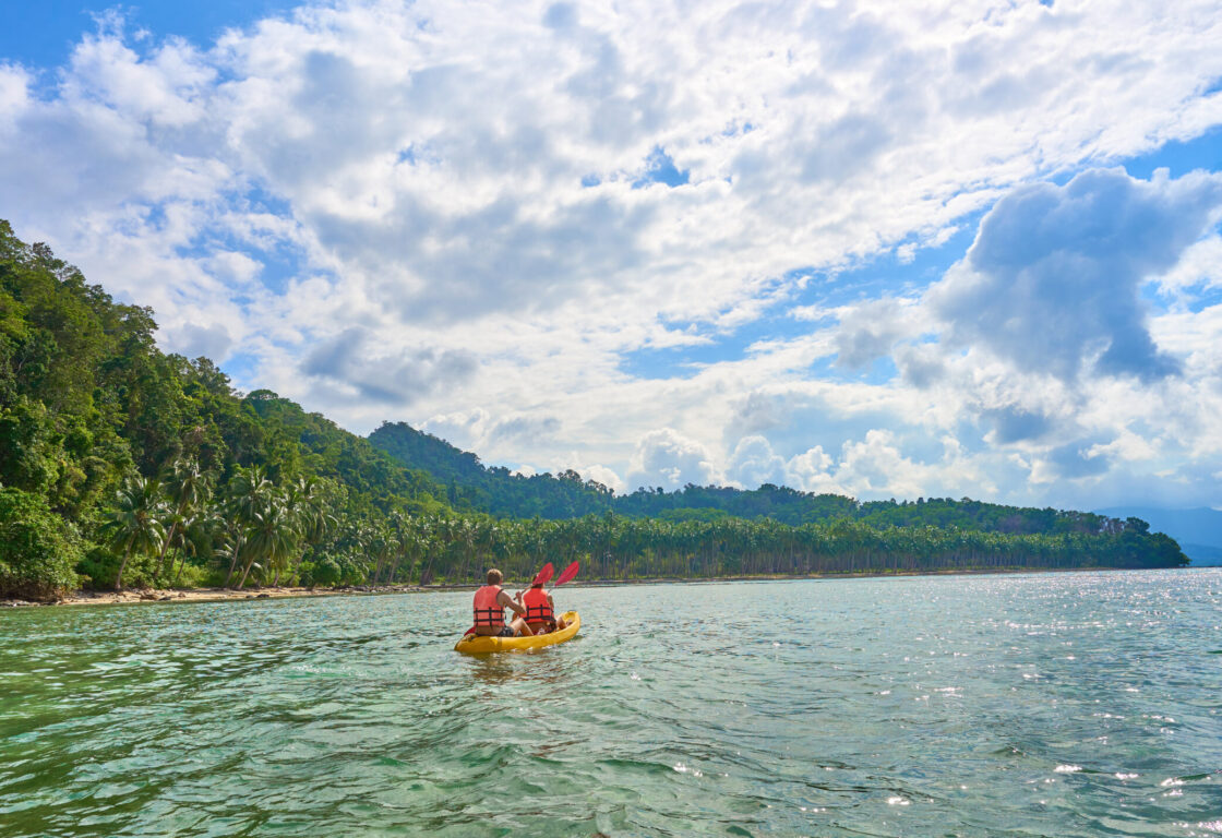 a couple kayak on the sea with the shore line full of palm trees and forest in palawan philippines