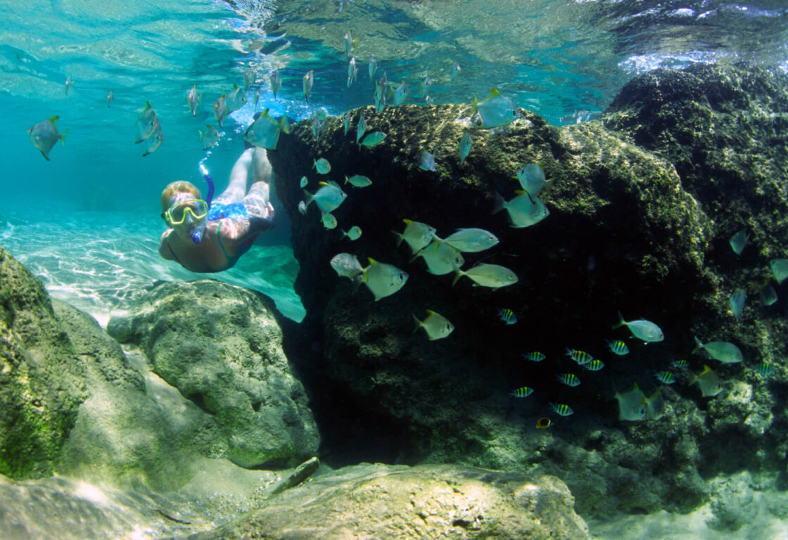 Woman snorkeling underwater near rocks, surrounded by fish in clear blue water. Sunlight filters through, creating a vibrant and serene scene.