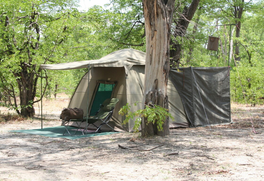 a mobile tent made out of fabric in neutral colours