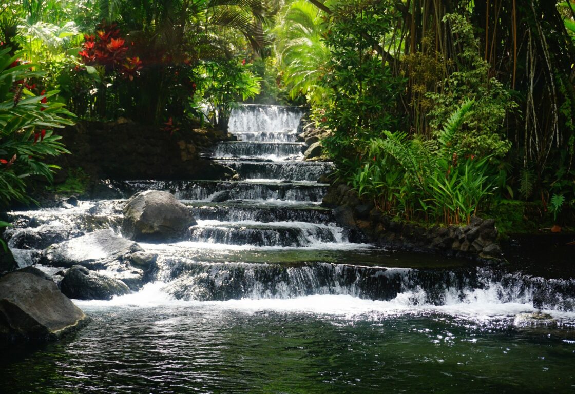 mini waterfalls in river surrounded by lush tropical greenery