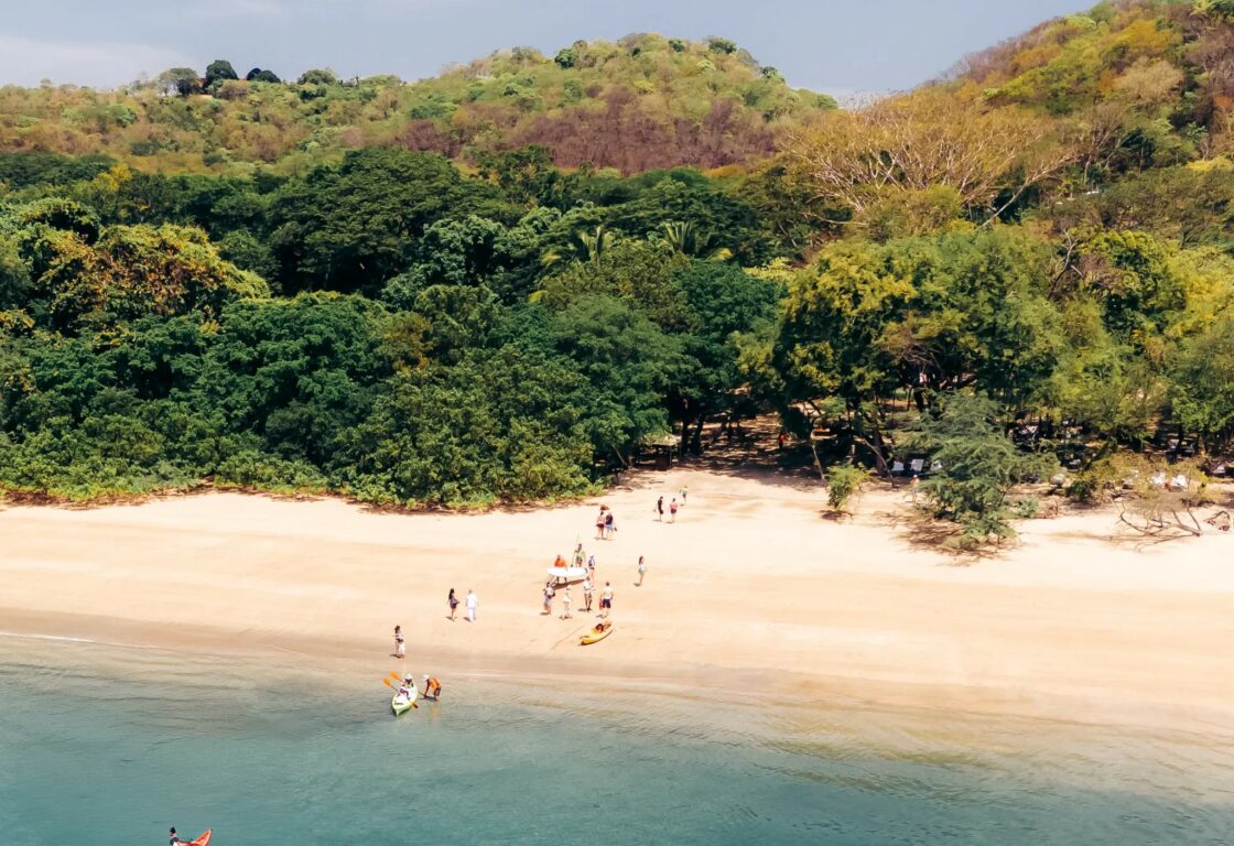 an aerial image of group of red and yellow kayaks in the ocean and people waking onto the beach