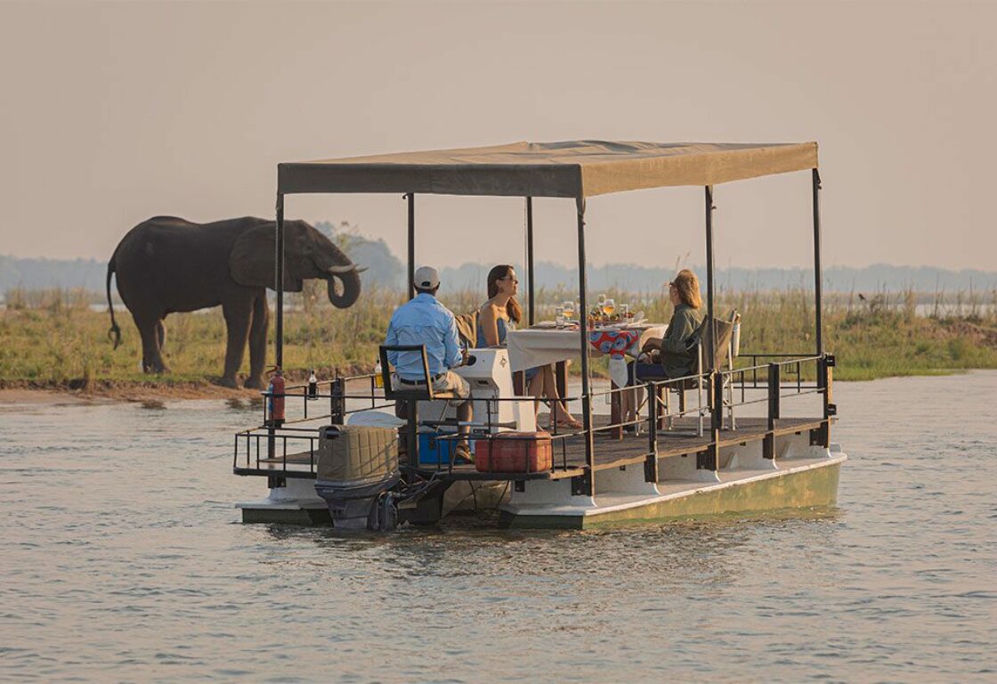 Boatwith a roof and a couple with the captain cruising along the river with elephants on the banks