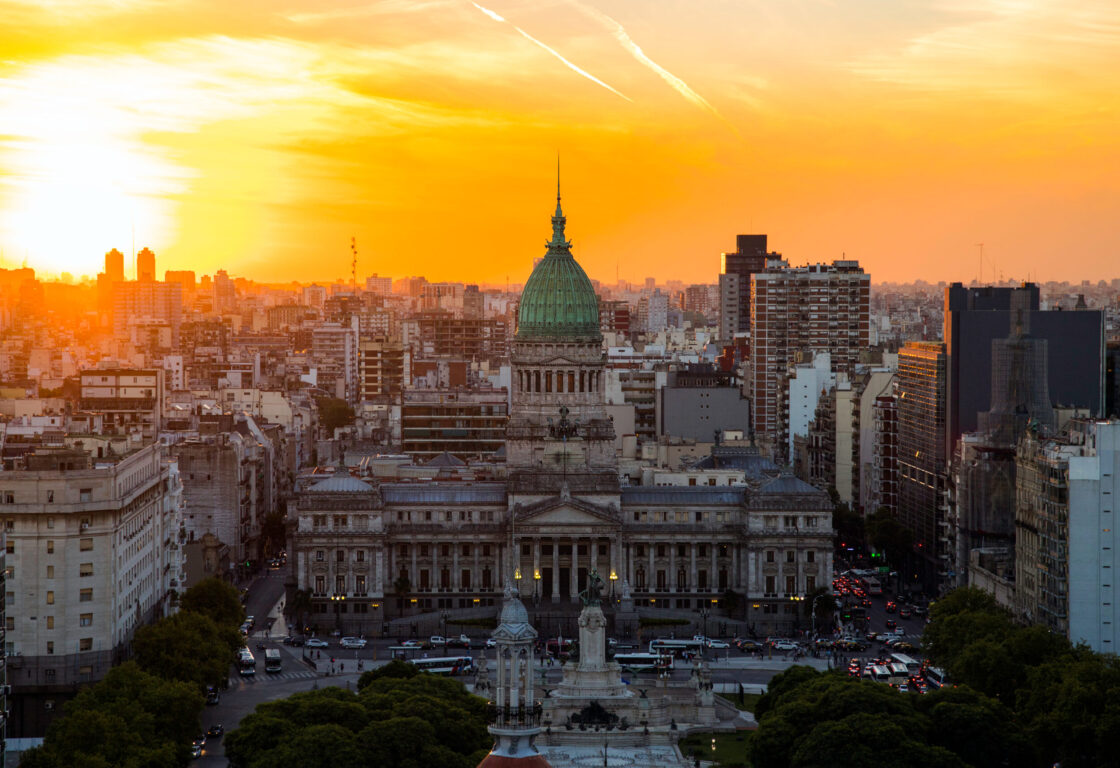 Golden light of Sunset over the National Congressional Building in Buenos Aires