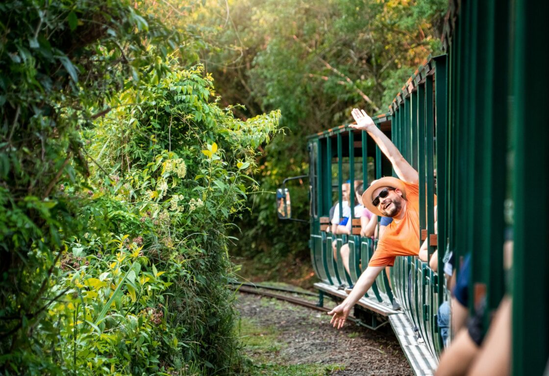 A happy tourist waving out of a window on the Eco Train at Iguazu Falls National Park