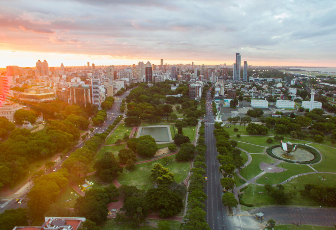 Aerial view of the sunset over parks and greenery, in the Palermo district of Buenos Aires