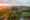 Aerial view of the sunset over parks and greenery, in the Palermo district of Buenos Aires