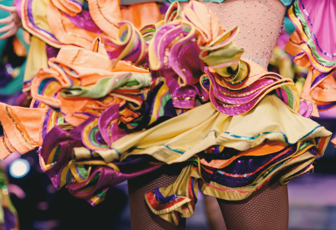 Close up of colourful twirling skirts of Samba dancers, Rio de Janeiro
