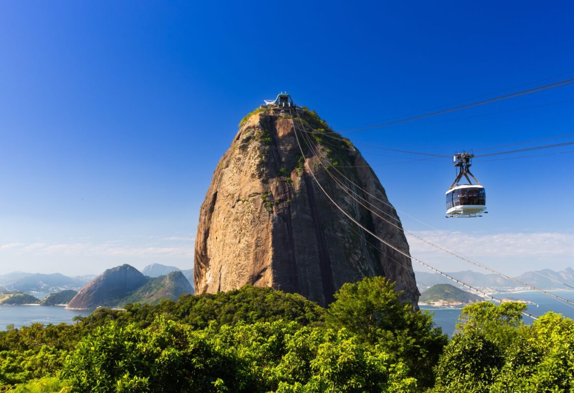Sugar Loaf Cable Car in Rio de Janeiro. Cable car crossing to Urca hill.