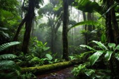 An atmospheric ground shot of a lush green rainforest