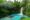 Tuquoise blue natural pond with waterfall flowing into it, Lush green forest surrounding.