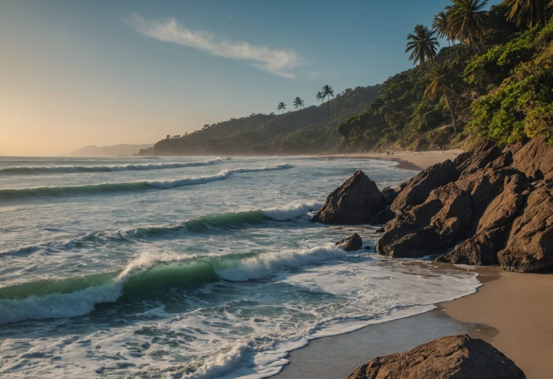A tropical beach with the sea lapping at golden sands, with tropical rainforest at the fringes of the beach