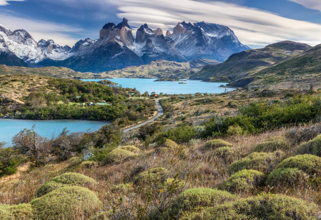 Mountain range with lakes inTorres del Paine National Park Chile